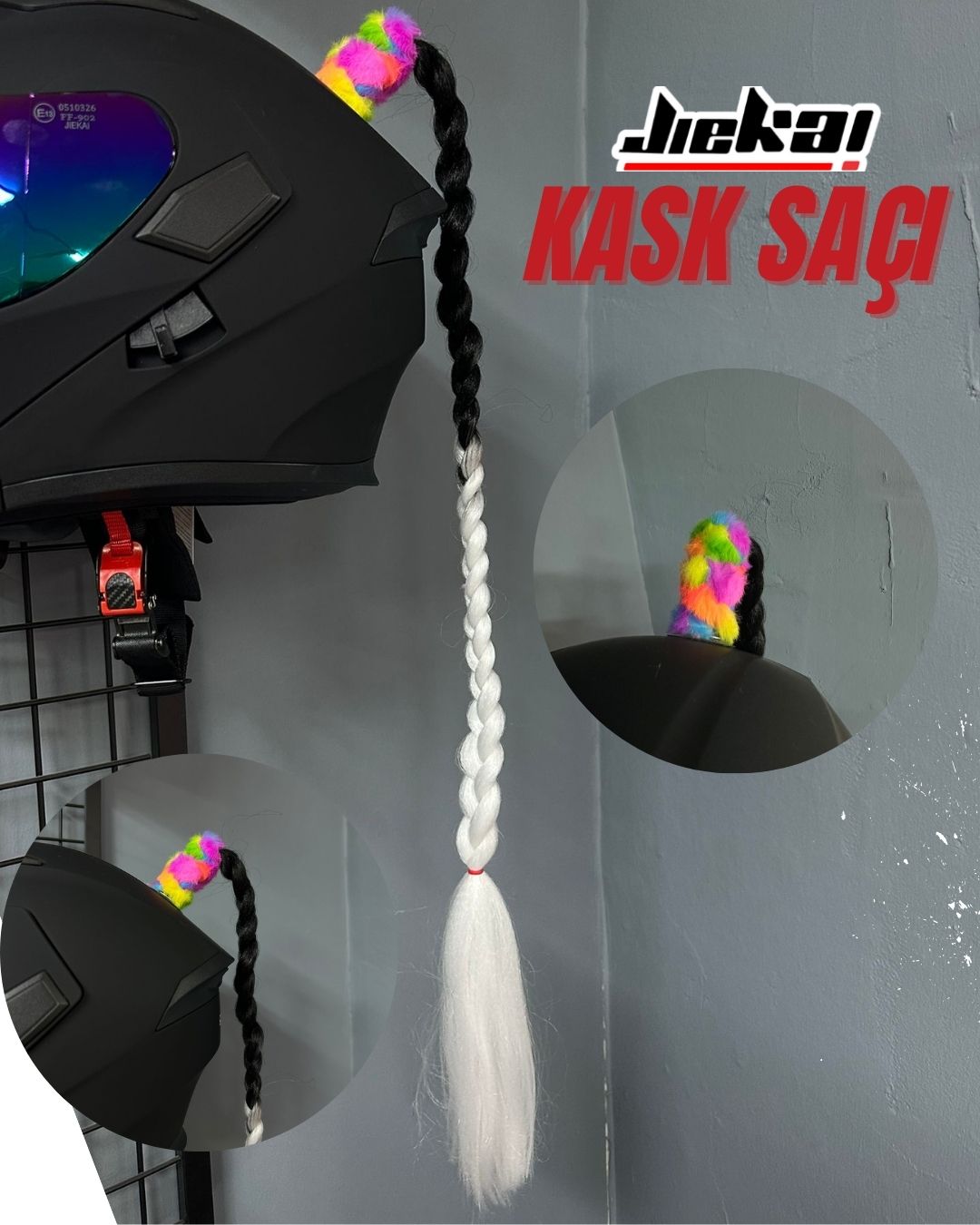 JİEKAİ KASK SAÇI SİYAH-BEYAZ GEÇİŞ RENKLİ DÜZ ÖRGÜ MODEL-10